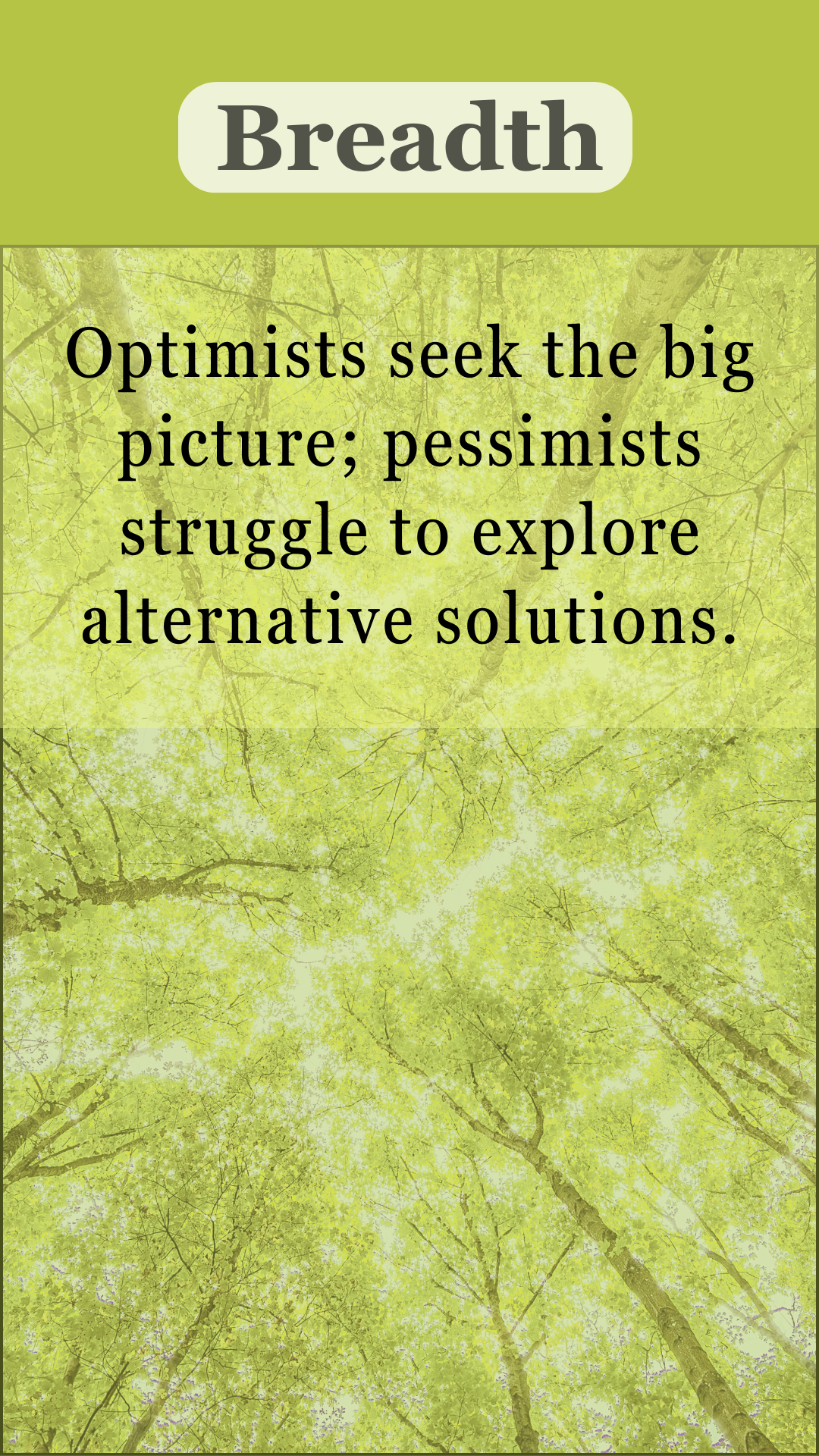 Breadth: Optimists seek the big picture; pessimists struggle to explore alternative solutions.